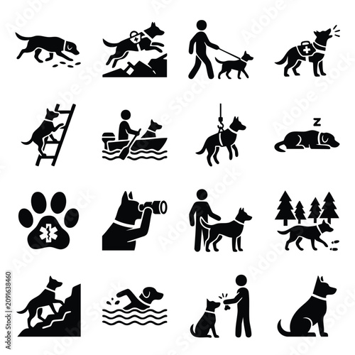 Canvastavla Set of black silhouette dog icons depicting various training activities and role