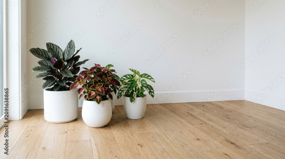 Fototapeta premium 3D Rendering Wooden Terrace with White Garden Wall, Lattice Fence, and Nature wall