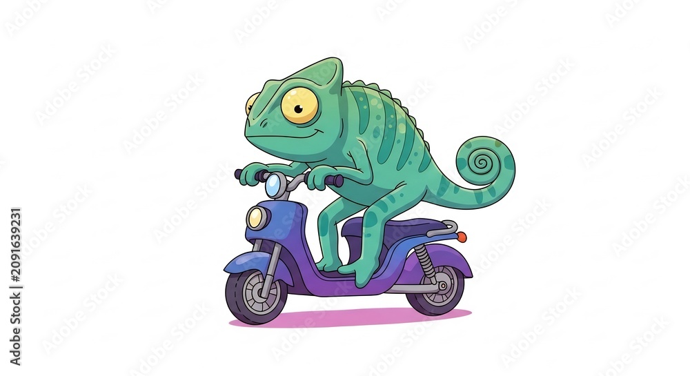 Obraz premium Chameleon Scooter Rider: A whimsical green chameleon with large eyes rides a purple scooter, looking curious and ready for adventure.