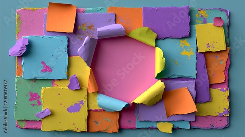Colorful torn paper notes arranged on a textured surface with a central void for copy space during a bright studio shoot