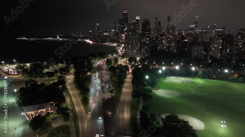 Aerial Flyover Of Lakeshore Drive At Night In Chicago
