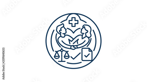 Healthcare Law and Social Support Emblem: Doctor, Patient, Scales of Justice, Checkmark