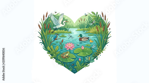 Heart shaped pond ecosystem with diverse marsh wildlife
