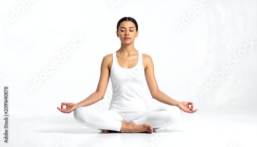 A woman in white athleisure sits cross-legged, meditating with eyes closed. Her hands rest in a mudra position