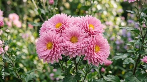 Pink chrysanthemum blooms in Bunga Krisan with greenery backdrop for text or stand out against a softly
