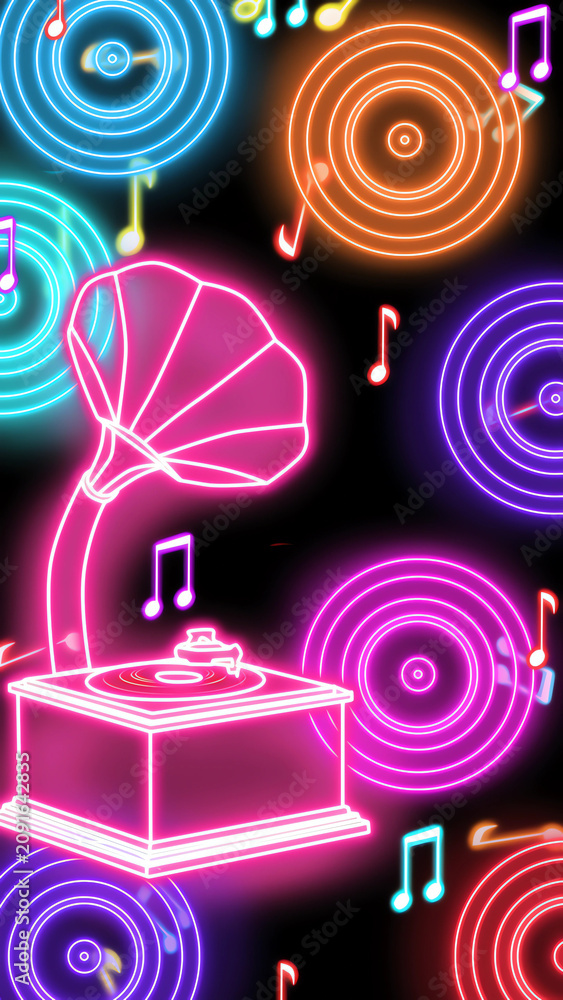 Fototapeta premium Neon wallpaper music with glowing gramofon and music notes