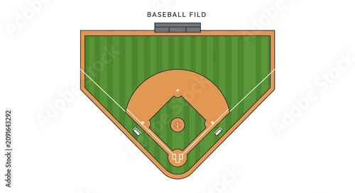 Vibrant green baseball field vector illustration from an aerial perspective, showcasing the diamond, bases, and outfield for a classic sporting event graphic