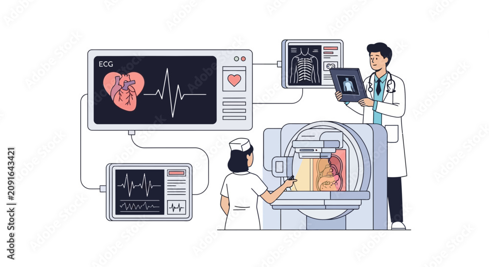 Fototapeta premium Medical team operating advanced diagnostic equipment for patient care.