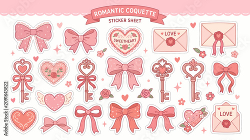Cuadro en lienzo Cute Pink Valentine's Day Sticker Sheet with Hearts, Bows, Keys & Envelopes
