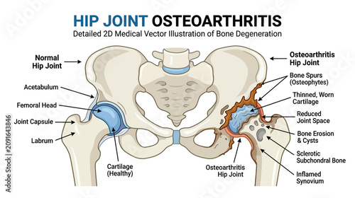 Konstfotografi Hip Joint Osteoarthritis Medical Illustration: Healthy vs Degenerated Bone