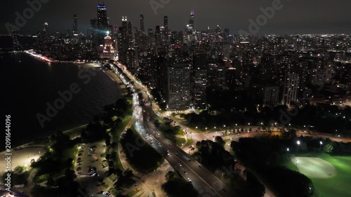 Beautiful Aerial Drone View Of Chicago Downtown And Lakeshore Drive At Night