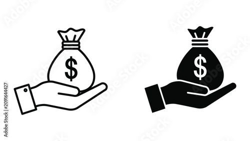 Hand Holding Money Bag Icon Set Representing Financial Wealth and Investment in Minimalist Style