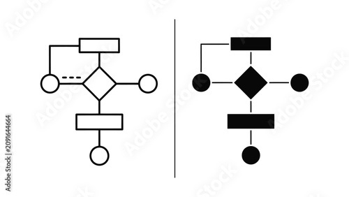 Flowchart diagram symbols representing logic process steps in a minimalist black and white style