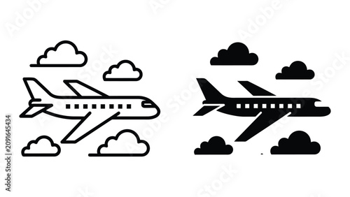 Fotografía Airplane Flying Through Clouds Icon Set in Minimalist Line Art and Solid Black S