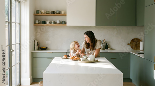 Candid morning kitchen scene at a quartz island with soft light, mother and child, and minimalist decor