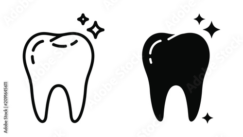 Clean Tooth Icons Set Featuring Outline and Solid Vector Styles for Dental Health and Oral Care