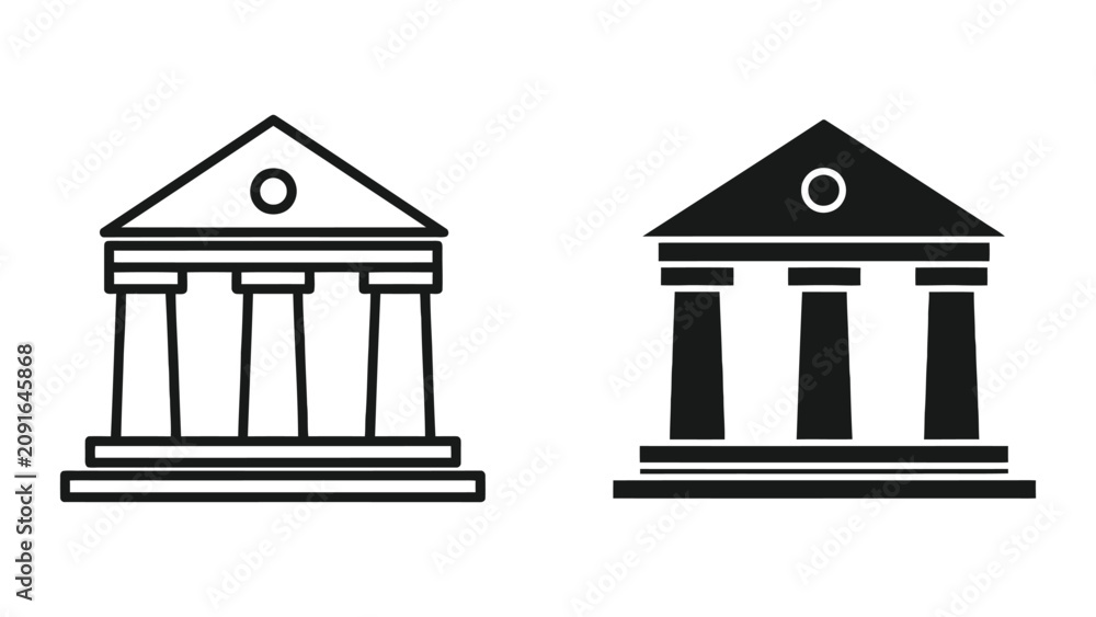 Fototapeta premium Bank building icon set featuring classical architecture with columns in outline and solid styles