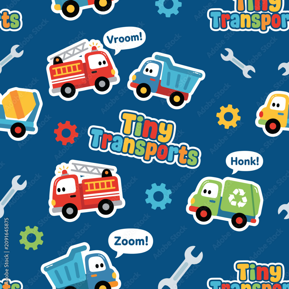 Fototapeta premium This playful pattern showcases cartoon transport vehicles like trucks and fire engines, bursting with energy and cheer, a perfect fit for children's products and playful designs.