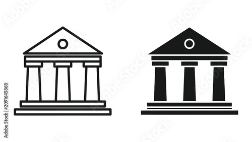 Bank building icon set featuring classical architecture with columns in outline and solid styles
