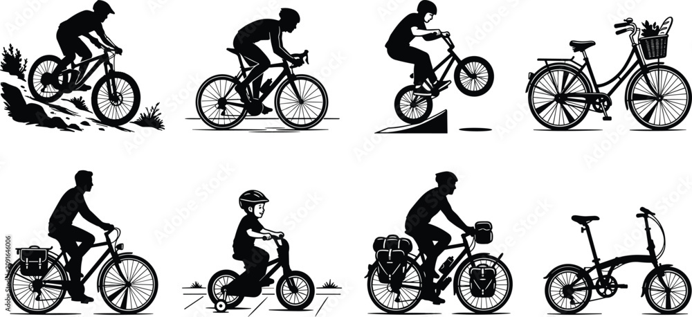 Obraz premium Bicycle Silhouette Collection Featuring Mountain Road BMX City Touring Folding and Kids Bikes with Cyclists