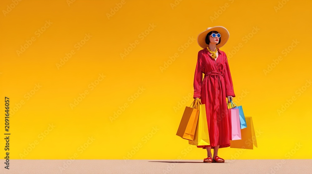 Fototapeta premium Stylish Woman in Red Outfit with Shopping Bags