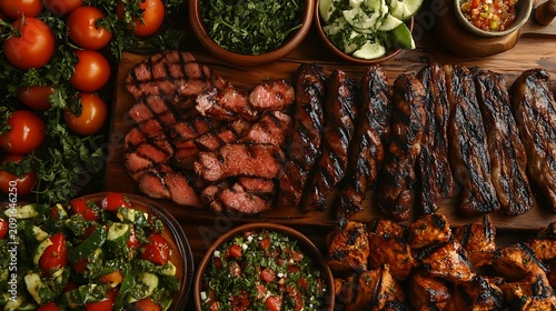 Grilled meat platter served with fresh vegetables and chopped salad on a wooden board for a delicious rustic dinner feast