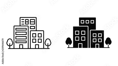 Minimalist City Buildings Icon Set Featuring Outline and Solid Black Vector Illustrations for Design