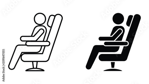 Passenger Sitting in Airplane Seat Icon Set Representing Air Travel and Transportation Comfort Style