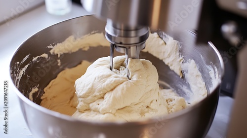 Stand mixer kneading fresh raw bread dough in a large stainless steel metal bowl for professional bakery food production