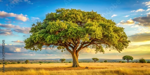 Mature Shea Tree in savannah landscape with golden brown nuts and leaves
