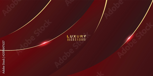 3D red luxury abstract background overlap layer in dark space with curved gold lines decoration