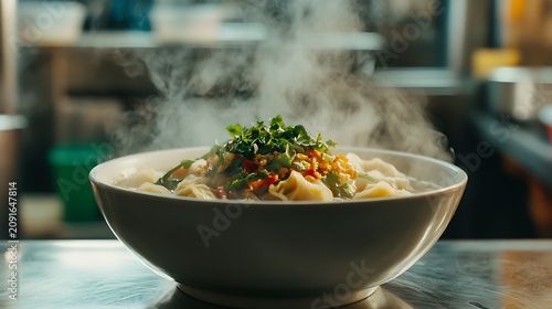 Steaming dumpling soup in a white ceramic bowl topped with fresh green cilantro and spicy chili peppers in professional kitchen