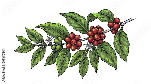 Tableau sur toile Coffee Branch with Red and Green Berries, Leaves, and Flowers Illustration