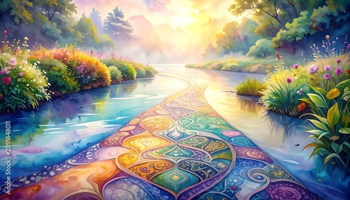 Vibrant River with Mosaic Patterns Flowing Through a Flowered Forest Under Bright Sunlight