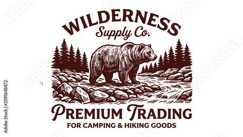 Foto Retro grizzly bear forest river wilderness outdoor adventure emblem woodcut illu
