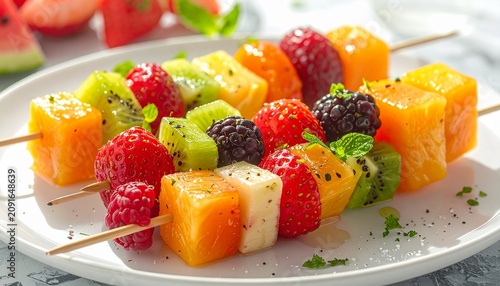 Colorful fruit skewers featuring fresh strawberries blackberries kiwi and melon cubes arranged neatly on a white plate for a healthy summer snack.