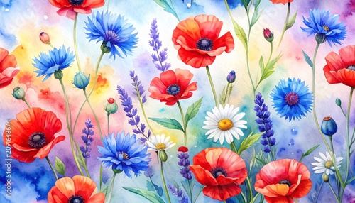 Beautiful watercolor painting of a summer meadow featuring red poppies blue cornflowers and white daisies against a vibrant colorful background.