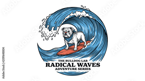 Photography Vintage bulldog surfing big ocean wave hand drawn illustration with radical wave