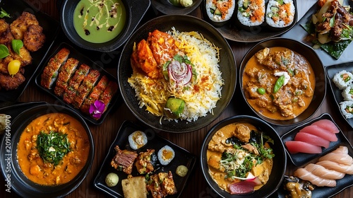 Assorted Japanese cuisine dishes served in black bowls and plates arranged on a dark wooden table top surface background