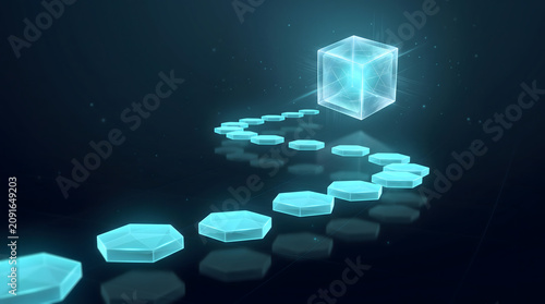 Floating cyan stepping stones leading to glass cube symbolizing product roadmap and planning system.
