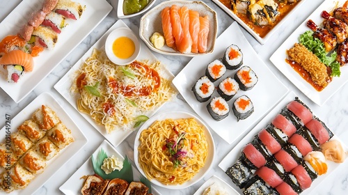 Assorted Japanese sushi rolls sashimi platters and noodle dishes arranged on a white marble table for a gourmet dinner feast