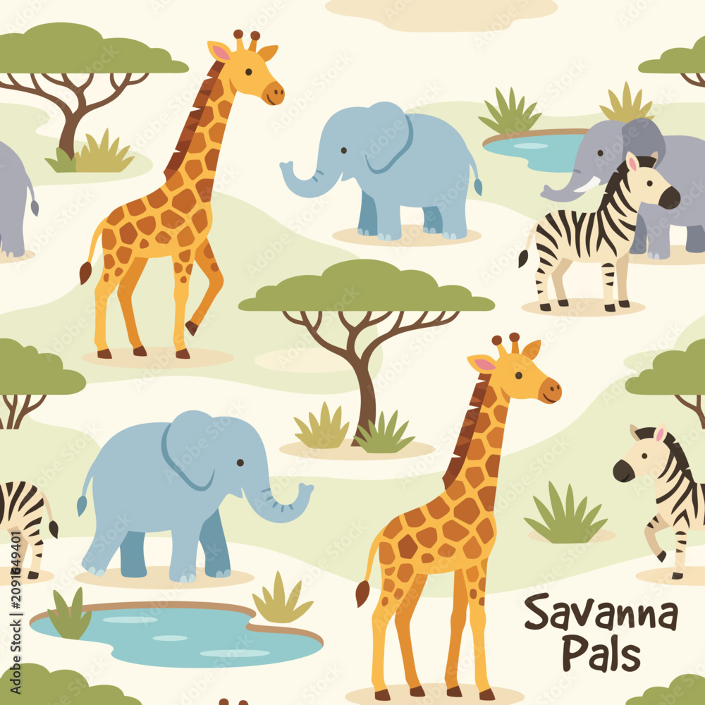 Obraz premium This lively illustration features adorable giraffes, elephants, and zebras amidst a vibrant savanna landscape, capturing the essence of wildlife in a playful art style.