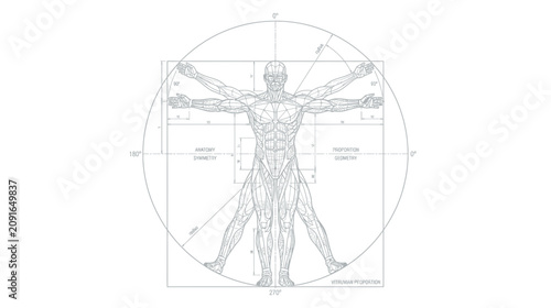 Quadro su tela Vitruvian Man - Human Body Proportions, Anatomy, Geometry, Science, Art