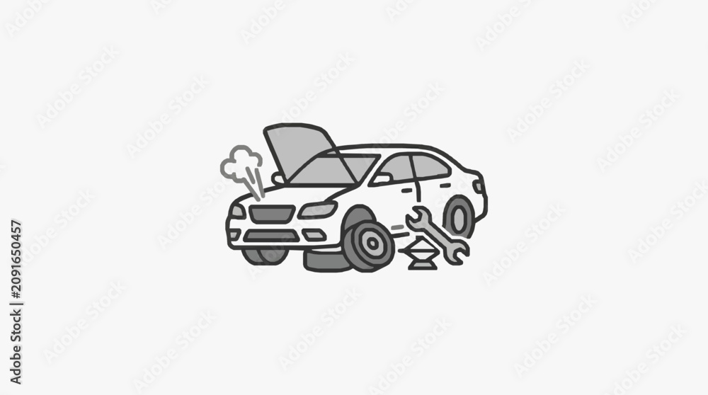 Obraz premium Corporate of Car Undergoing Maintenance with Hood Open and Tools Nearby in Monochrome with high quality professional line art symbols for modern creative design and digital branding projects