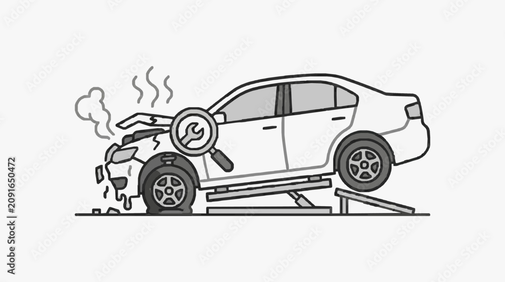 Naklejka premium Corporate of Car Undergoing Repair with Smoke and Wrench Symbol for Maintenance Issues with high quality professional line art symbols for modern creative design and digital branding projects