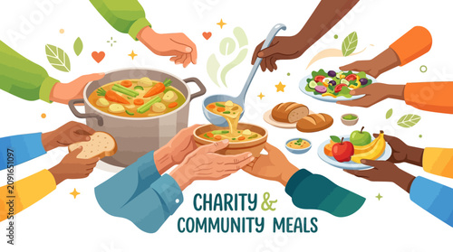 Bild auf Leinwand Illustration of diverse hands sharing food from a pot with plates and utensils, conveying charity and community meals with warm colors