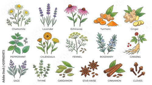 Bild auf Leinwand Watercolor Herbal Collection: Chamomile, Lavender, Echinacea, Turmeric, Ginger,