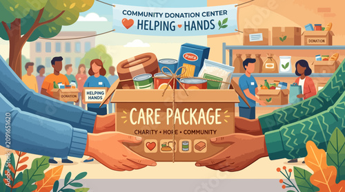 Cuadro en lienzo Illustration of two people exchanging a care package box with food and other supplies in front of a community donation center with a sign reading 'Helping Hands'