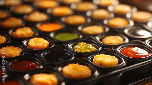 Chicken nuggets served in small black plastic containers with various colorful dipping sauces on a dark professional catering tray setup