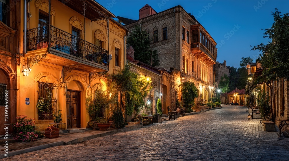 Fototapeta premium Nighttime city street with historic buildings and cobblestone road